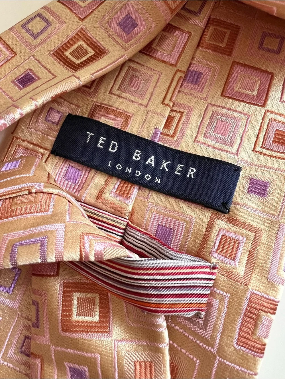 Ted Baker London Tie Necktie Orange Beige Geometric 100% Silk  Hand Tailored USA